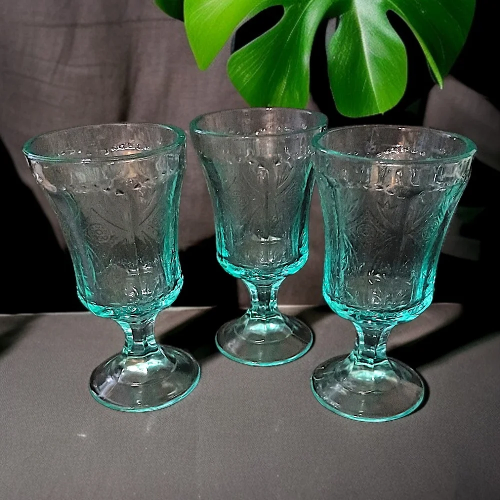 3 Indiana Glass‎ Recollection Goblet Glass Teal Aqua Vintage Beach Cottage House